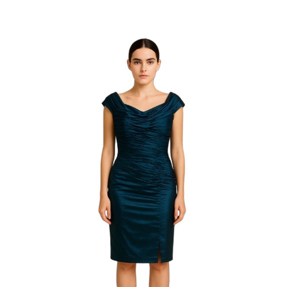 Tadashi Collection Dresses & Skirts - Tadashi Shoji Ruched Sheath Dress Teal Blue Sheen Asymmetrical Cap Sleeve 14